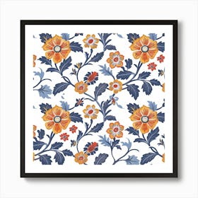 Blue And Orange Floral Pattern Art Print