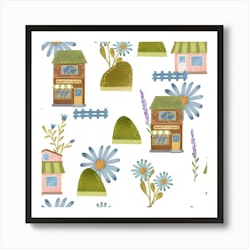 Hand drawn cozy Cottages And Flowers Art Print