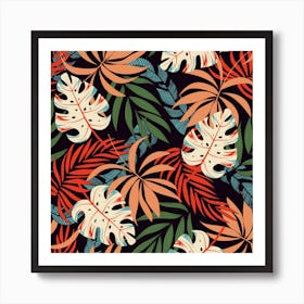 Fashionable Seamless Tropical Pattern With Bright Pink Yellow Plants Leaves Art Print