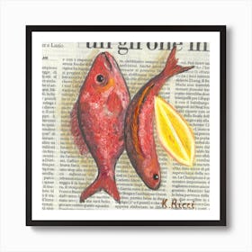 Fishes On Newspaper Seafood Food Kitchen Rustic Home Decor Art Print