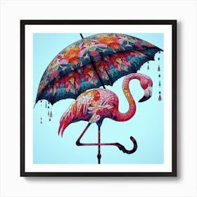 Flamingo Under an Umbrella Póster