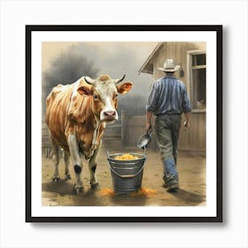 Cow And A Man Art Print