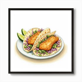 A Charming Watercolor Image Of A Plate Of Crispy And Flavorful Fish Tacos With A Side Of Coleslaw 2 Art Print