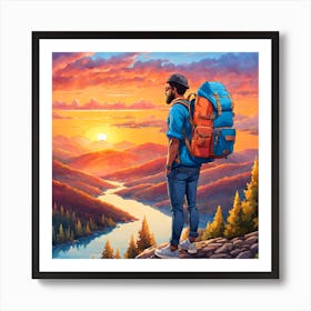 Hiker Looking At The Sunset Art Print