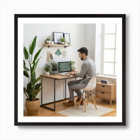 A serene and well-organized home office setup, with a person working comfortably at a desk surrounded by plants and natural light, illustrating the concept of a productive and harmonious remote work environment. This image is applicable to industries related to home office solutions, interior design, and remote work. Art Print