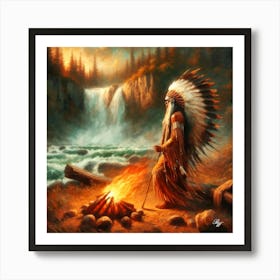 Oil Texture Native American Indian Maiden By Stream Copy Art Print