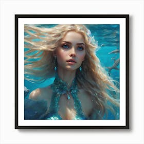 Blonde blue eyed mermaid Art Print