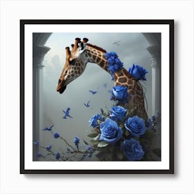 Blue Rose Giraffe Art Print