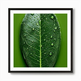 Green Leaf With Water Droplets Art Print