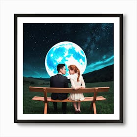 Couple Sitting On Bench With Moon Art Print