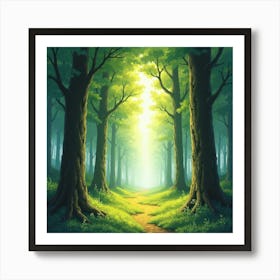 Watercolor Of A Mystical Light Shining Through The Woods In Lothlórien 1 Art Print