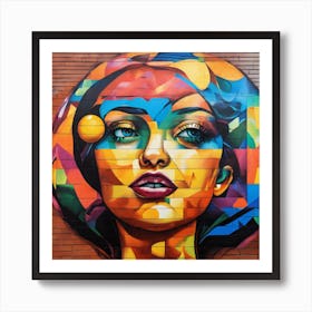Urban Harmony A Detailed Portrait Of A Woman Holding A Cubist Orb On Brick Wall Art Print