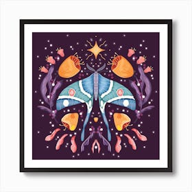 Night Blue Moth On Floral Purple Background And Decoration Square Art Print