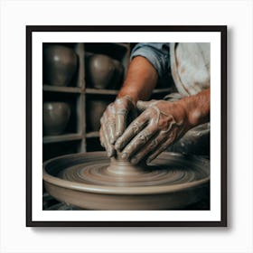 An art print featuring a close-up portrait of a skilled potter at a pottery wheel, hands covered in clay, creating a beautifully crafted ceramic piece. This unique and artisanal art print is ideal for pottery enthusiasts and those who appreciate the craftsmanship of handmade items, adding a touch of creativity to home decor. Art Print