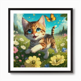 Kitten Flowers Butterfly Art Print