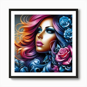 Girl With Colorful Hair And Roses Art Print