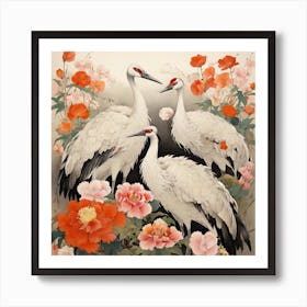 Cranes And Flowers Art Print