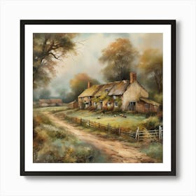 The old British countryside, a work of wall art dating back to 1960, with all its details and colours. The farm is an old oil painting in faded oil colours.4 1 Art Print