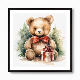 Teddy Bear With Gift Art Print