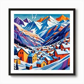 Ski Resort In The Mountains Cubism Style Art Print