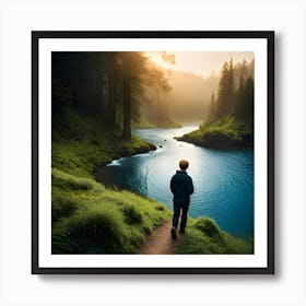 A Boy Walks Along A Path Near A River , finding destination Art Print