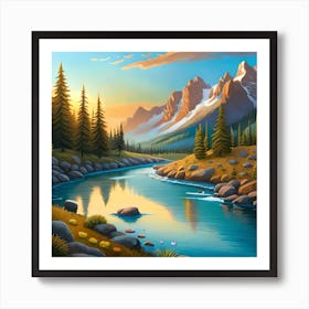 Landscape With Mountains And River 3 Art Print