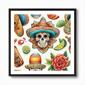 Mexican Day Of The Dead Seamless Pattern Art Print