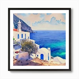 Greek White Village By The Sea Art Print