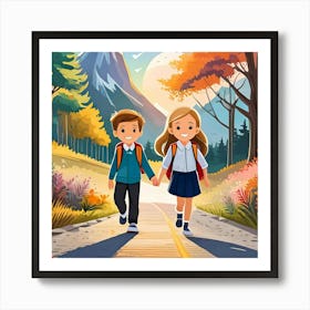 School Kids Walking On The Road Art Print