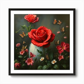 Red Roses And Butterflies Art Print