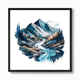 Watercolor Mountain Scenery Art Print