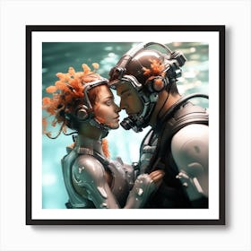 3d Dslr Photography Couples Inside Under The Sea Water Swimming Holding Each Other, Cyberpunk Art, By Krenz Cushart, Both Are Wearing A Futuristic Swimming With Helmet Suit Of Power Armor 4 Art Print
