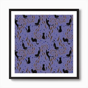 Black Cats in a Lilac Space - seamless pattern Art Print