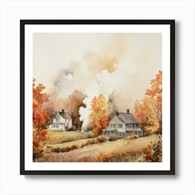 Autumnal Landscape Featuring Falling Leaves Watercolor Painting Soft Toned Florals Cottages With (2) Art Print