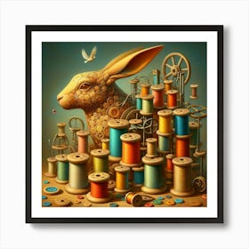 Rabbit and spools of thread 2 Art Print