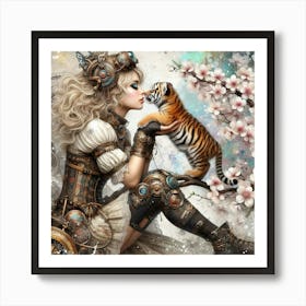 Steampunk Girl With Tiger 1 Art Print