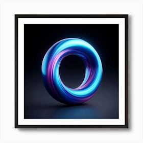 A 3D rendering of a glowing blue and purple torus on a black background. The torus is made of a smooth, reflective material that seems to glow from within. It is lit by a bright light source that is positioned to the right of the torus. The torus is in focus, and the background is slightly blurred, which creates a sense of depth. Art Print