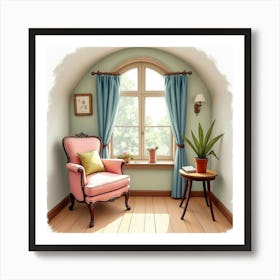 A Cozy English Reading Nook With A Cup Of Tea And A Book, Watercolor Style 1 Art Print