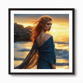 A Red Hair Beauty At The Beach In Sunrise Photo Real Art Paint Art Print