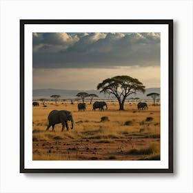 A Vast Savannah With Acacia Trees And A Herd Of Elephants In The Distance Art Print