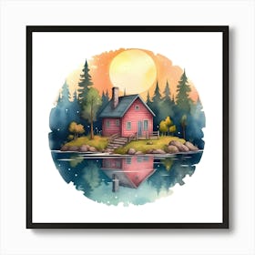 Watercolor House On The Lake Art Print