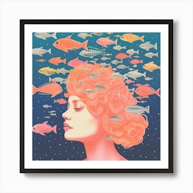 Surreal Woman & Floating Fish Portrait Art Print