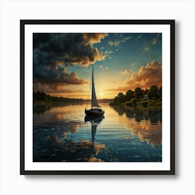 Art On A Cracked Paper, Mosaic, Double Exposure, Boat Gently Bobbing On Calm Water Marks The End Of Summer Art Print