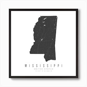 Mississippi Mono Black And White Modern Minimal Street Map Square Art Print