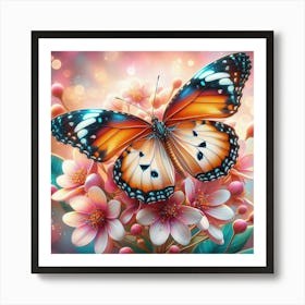 Butterfly On Pink Flowers 3 Art Print