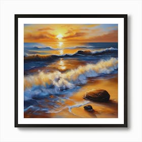 The sea. Beach waves. Beach sand and rocks. Sunset over the sea. Oil on canvas artwork.9 Art Print