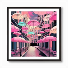 Pink Umbrellas In The Street Art Print