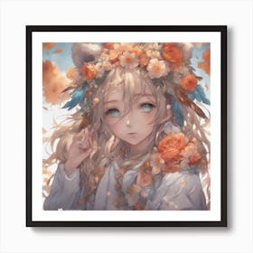 Anime Girl With Flowers Art Print