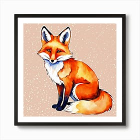 Orange Cute Watercolor Fox Art Print