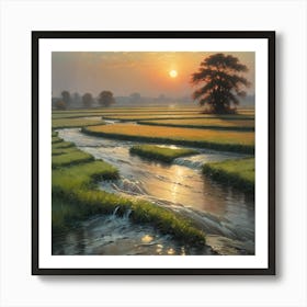 Sunset In A Rice Field Art Print